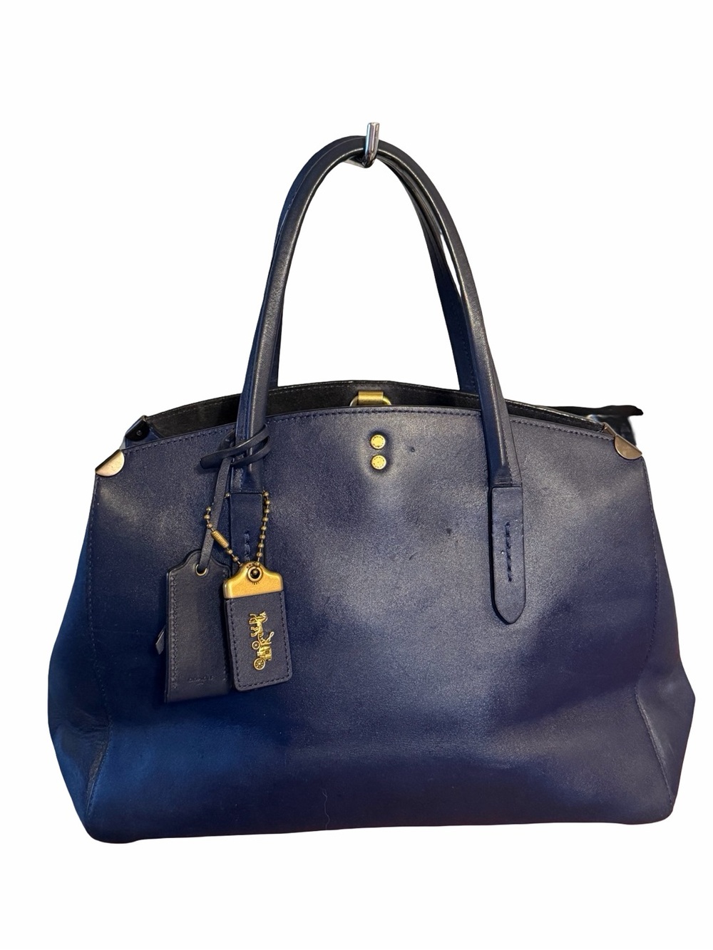 Vintage Coach Navy Leather Tote with Gold-Tone Tag Charm